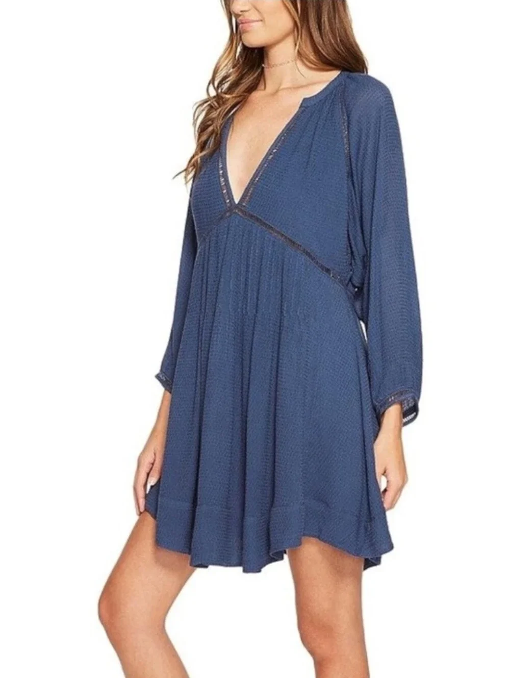 Free People Go Lightly Mini Dress Blue Boho V-Neck Gauze Crochet Trim Small - Picture 2 of 9